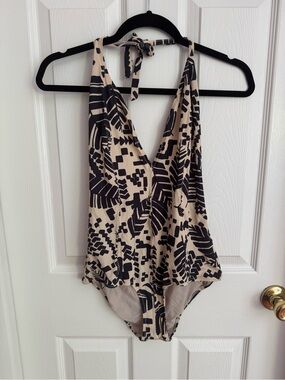 Beige and Black Printed Halter One-Piece Swimsuit by Syla